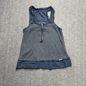 Superdry Vintage Tank Top Womens Medium Gray/Blue Whimsigoth Waffle Ruffles